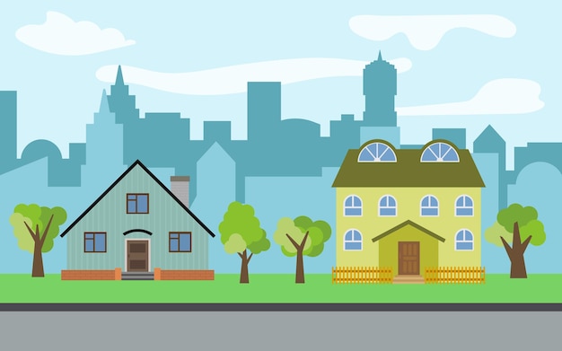 Ciudad vectorial con dos casas de dibujos animados de dos pisos y árboles verdes en el día soleado Paisaje urbano de verano Vista de la calle con paisaje urbano en un fondoxA
