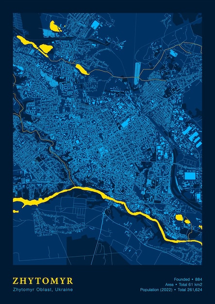 Ciudad Zhytomyr Ucrania Afiche vectorial Mapa altamente detallado en colores de bandera patriótica nacional amarilla azul Cartografía del sistema de transporte de la ciudad Incluye características de mapas agrupados Edificios Caminos y objetos de agua