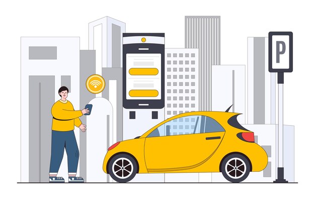 Ciudades inteligentes y concepto de tecnología urbana con persona que usa un sistema de estacionamiento inteligente