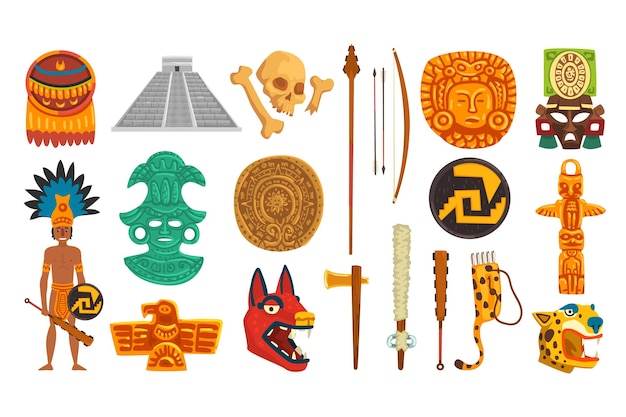 Las civilizaciones azteca y maya Objetos culturales Establecen la cultura mexicana Símbolos tradicionales Ilustración vectorial de dibujos animados