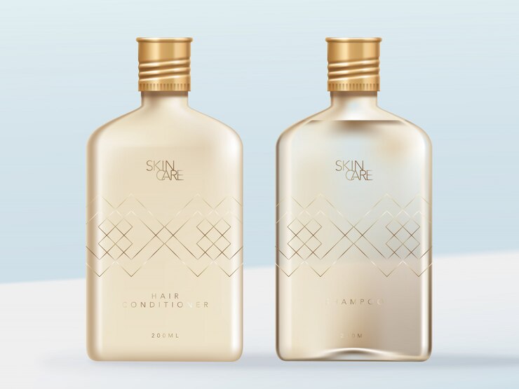 Claro o transparente alcohol, cuidado de la piel o belleza botella de vidrio ilustración. Champú y acondicionador, formulación opaca y clara.
