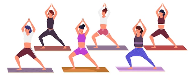 Vector clase de aeróbic mujeres entrenando posturas de yoga y estiramientos