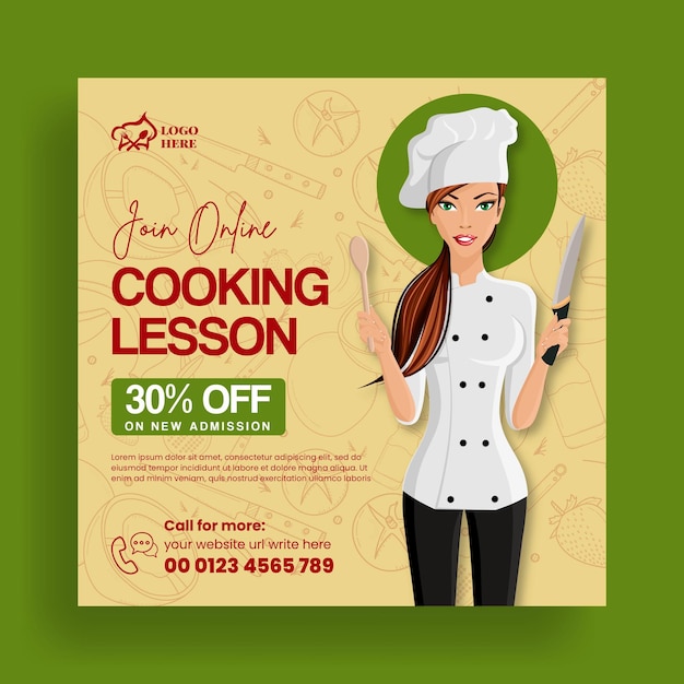 clase de cocina en línea y contratación de chefs publicación en redes sociales o plantilla de banner de publicación en Instagram