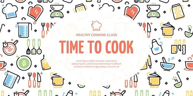 Clase de cocina saludable Tiempo para cocinar Cartel horizontal Cartel de cartel Vector