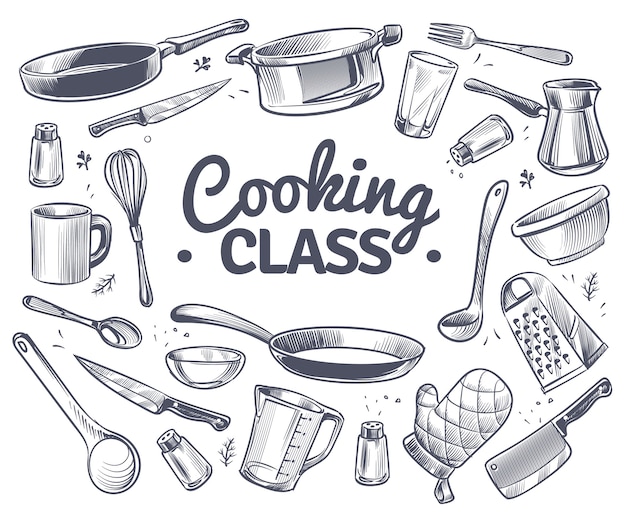 Clase de cocina Sketch utensilios de cocina utensilios de cocina Sartén cuchillo y tenedor