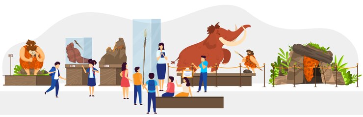 Vector clase escolar en museo de historia natural, exposición de la edad de piedra de la gente primitiva, ilustración