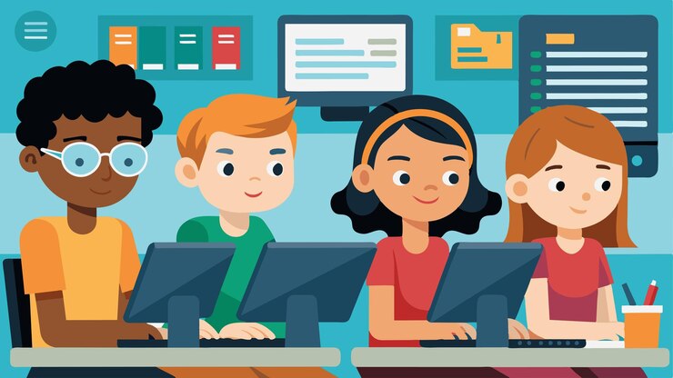 Vector una clase de estudiantes de secundaria concentrándose intensamente mientras siguen tutoriales paso a paso en
