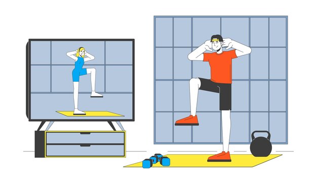 Clase de fitness virtual en la televisión Ilustración plana de dibujos animados