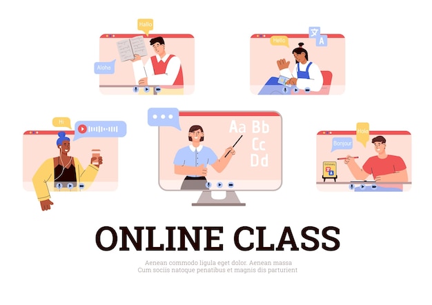 Clase de idioma en línea con estudiantes y tutor ilustración vectorial plana aislada