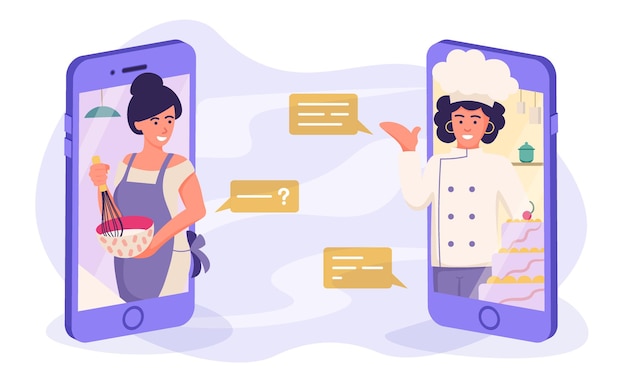 Clase magistral culinaria en línea, una mujer joven cocina y le pide al cocinero por teléfono en un chat de taller de cocina en línea mientras transmite usando la ilustración de vector de teléfono