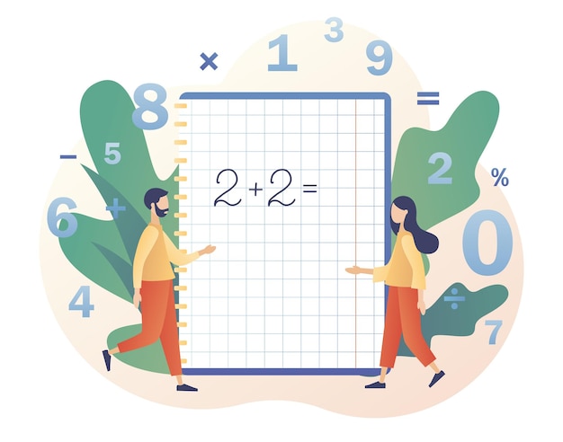 clase de matematicas Símbolos aritméticos en cuaderno. Gente diminuta aprendiendo matemáticas. Educación y conocimiento