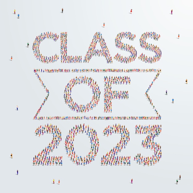 Clase o Graduado de 2023. Un gran grupo de personas se forma para crear una clase de 2023. Ilustración vectorial.