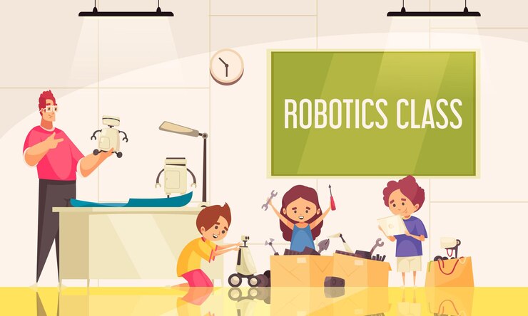 Vector clase de robótica con niños pequeños que crean juguetes robóticos bajo la guía del maestro.