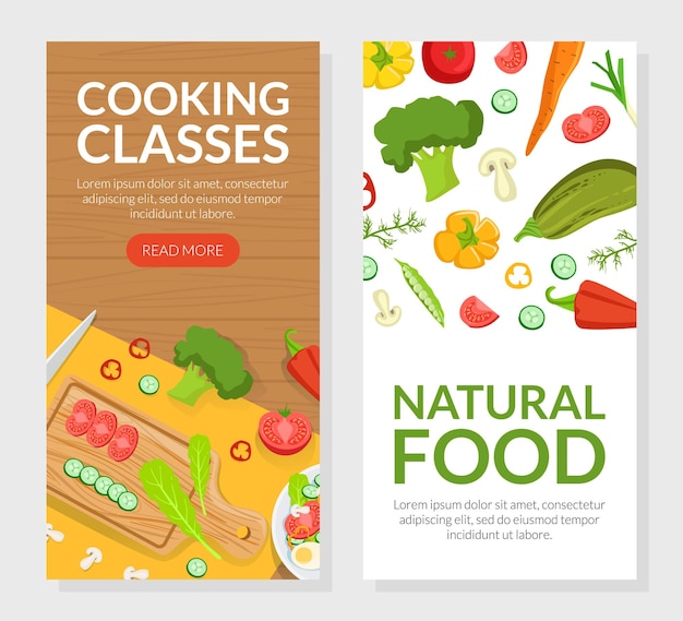 Clases de cocina Alimentos naturales Plantillas de páginas de aterrizaje Conjunto Escuela culinaria en línea Página web sitio web Ilustración vectorial