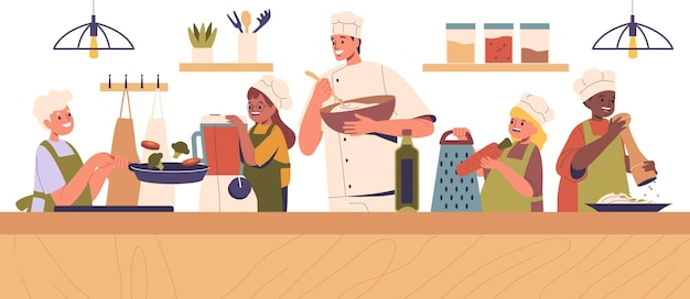 Clases de cocina para niños con instructor de cocina Niños aprenden habilidades culinarias Preparando platos