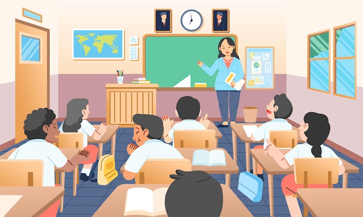 Vector clases de entusiasmo con los niños las maestras enseñan a los estudiantes en las clases de la escuela primaria de primer grado