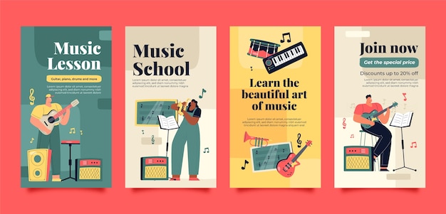 Vector clases de escuela de música plana y colección de historias de instagram de educación