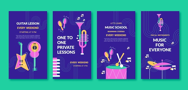 Vector clases de escuela de música plana y colección de historias de instagram de educación