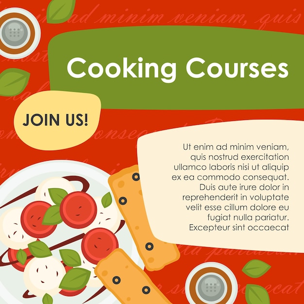 Clases y lecciones de maestros chefs cursos de cocina para principiantes para enriquecer el sabor de la comida aprender a preparar nuevas recetas taller de arte culinario en línea únete a nosotros vector en estilo plano