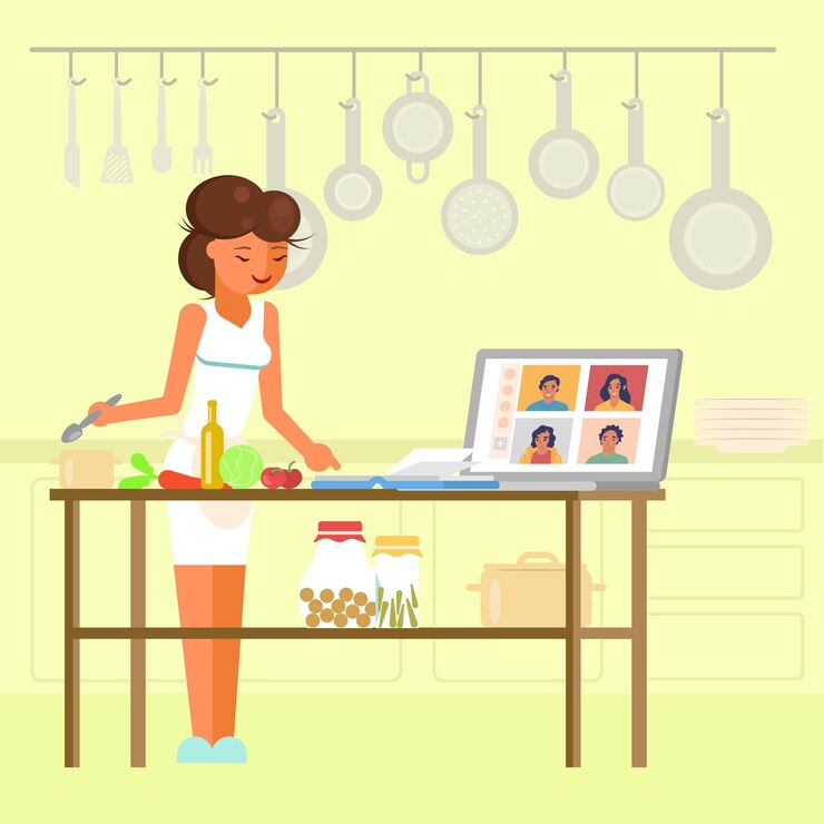 Vector clases magistrales de cocina en línea ilustración plana vectorial una joven chef preparando comida en la cocina frente a una audiencia de computadoras portátiles cursos de aprendizaje a distancia de escuelas culinarias en línea en cocina
