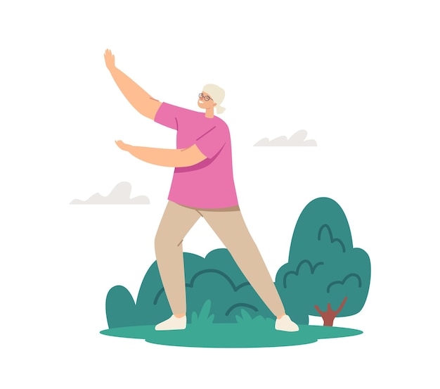 Vector clases de tai chi para personas mayores. personaje femenino senior haciendo ejercicio al aire libre, estilo de vida saludable, entrenamiento corporal