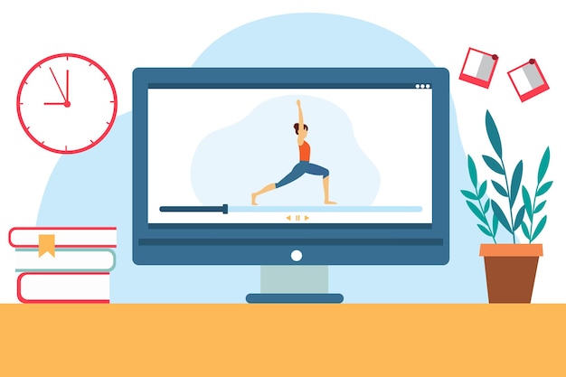 Clases de yoga en casa Aprendizaje en línea Ilustración vectorial en estilo plano