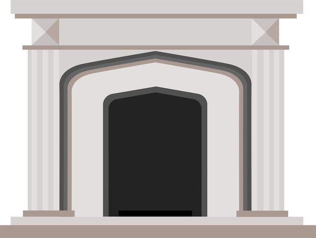 Una clásica chimenea de piedra blanca con un nicho interior para leña y fuego. Ilustración de vector sobre fondo blanco.