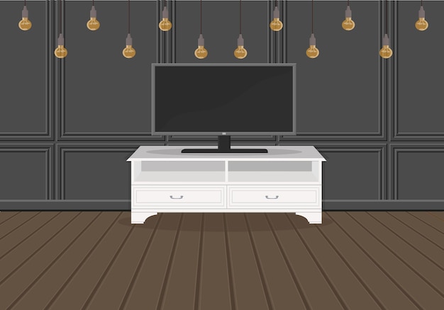 Clásica cómoda de madera de color claro con un televisor grande en una ilustración vectorial interior oscura