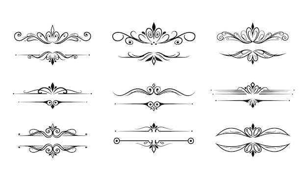 Clásico conjunto de divisores florecidos con remolinos ornamentales negros para un diseño y decoración elegantes