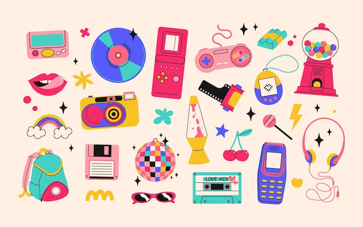 Vector clásicos de los años 80 de vuelta a los años 90 elementos en estilo plano moderno dibujo a mano adhesivo conjunto ilustración vectorial