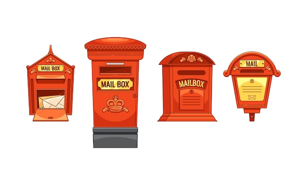 Clasicos buzones rojos con correo y cartas cada uno con diferentes diseños y etiquetas