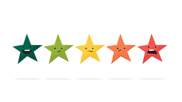 Clasificación de 5 estrellas consecutivas. Revisión y retroalimentación. Estrellas en la fila. Sistema de clasificación de productos. ilustración