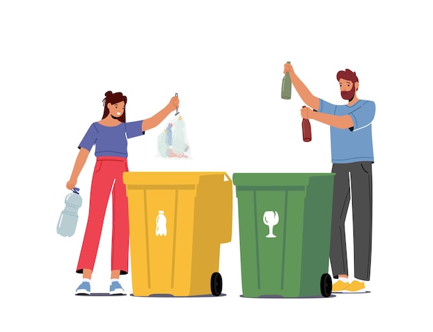 Vector clasificación de basura reciclaje y segregación protección ambiental personas habitantes de la ciudad tiran basura a los contenedores de reciclaje