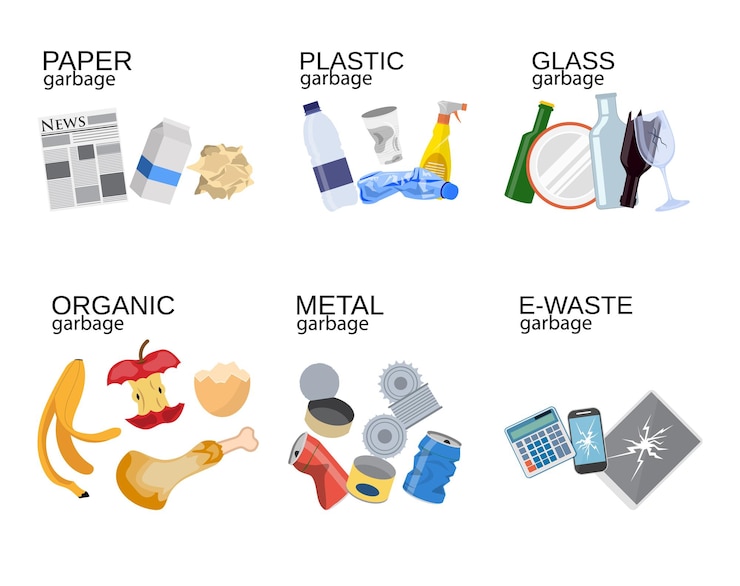 Vector clasificación de basura residuos de alimentos vidrio metal