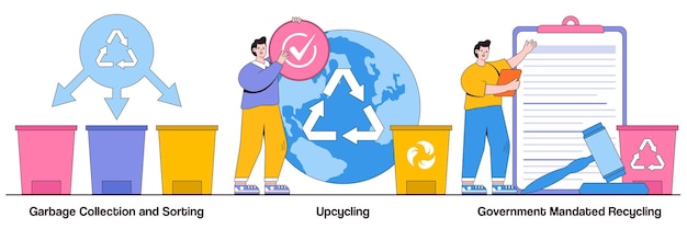 Clasificación de basura upcycling concepto de reciclaje ordenado por el gobierno con carácter de personas Recolección de desechos y problemas de reciclaje conjunto de ilustración vectorial Metáfora de reutilización creativa de eliminación doméstica