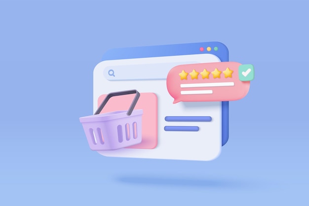 Vector clasificación de bolsa de compras 3d cinco estrellas para la mejor calificación de producto excelente para el concepto de compras en línea comentarios de calificación del cliente para la promoción de descuento de venta de compra ilustración de representación de icono de vector 3d