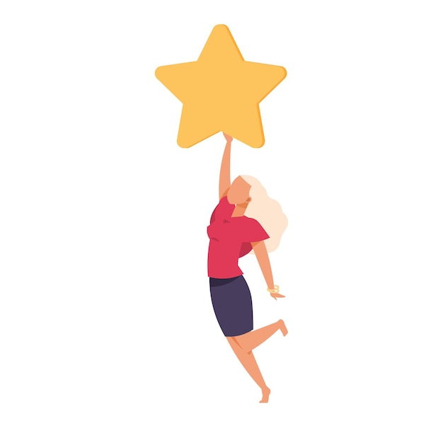 Clasificación del cliente Mujer feliz saltando con estrella Satisfacción del cliente Evaluación del servicio Niña con icono amarillo Ilustración de estilo plano de dibujos animados Revisión vectorial y concepto de retroalimentación