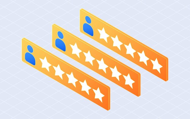 Clasificación de comentarios de usuarios de cinco estrellas Revisión de comentarios de clientes Concepto de isometría 3D