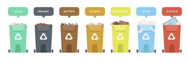 Clasificación de la composición plana de residuos con diferentes tipos de basura contenedores ilustración vectorial