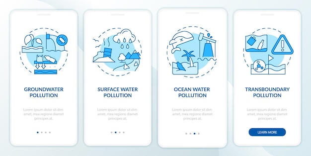 Clasificación de la contaminación del agua pantalla de la aplicación móvil de incorporación azul Recorrido de 4 pasos páginas de instrucciones gráficas con conceptos lineales UI UX Plantilla de GUI Myriad ProBold Fuentes regulares utilizadas