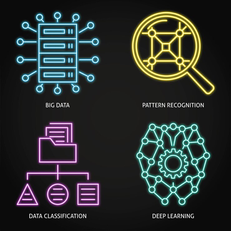 Vector clasificación de datos y conjunto de iconos de neón de aprendizaje profundo