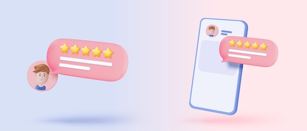 Clasificación de estrellas 3D para los mejores servicios excelentes Puntuación de resultado para la satisfacción en la burbuja de habla Revisión de calidad Ratificación de clientes comentarios Premio de producto Revisión de icono de estrella 3D Ilustración vectorial de renderización