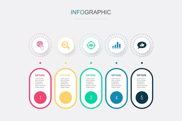 Clasificación de grupos objetivo de palabras clave de Internet Iconos de redes sociales Plantilla de diseño infográfico Concepto creativo con 5 pasos