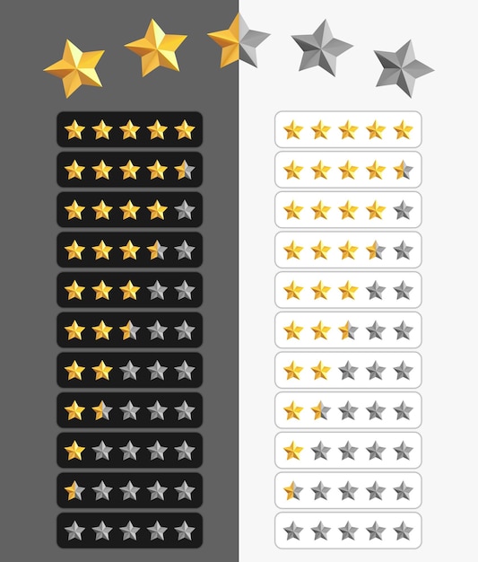 Vector clasificación de productos o reseñas de clientes con iconos vectoriales planos de estrellas doradas y media estrella para aplicaciones y sitios web