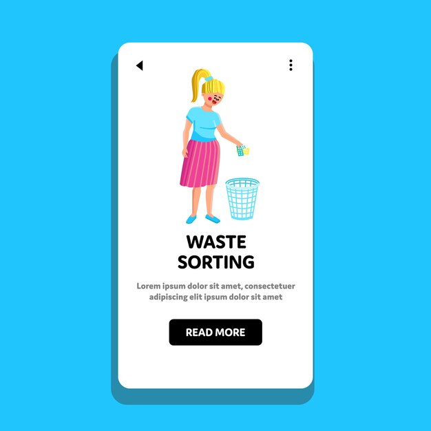 Clasificación de residuos y ayuda al medio ambiente Girl Vector. Mujer joven clasificación de residuos y tirar basura plástica en el contenedor de basura para su reciclaje. Personaje Lady Web Ilustración de dibujos animados plana