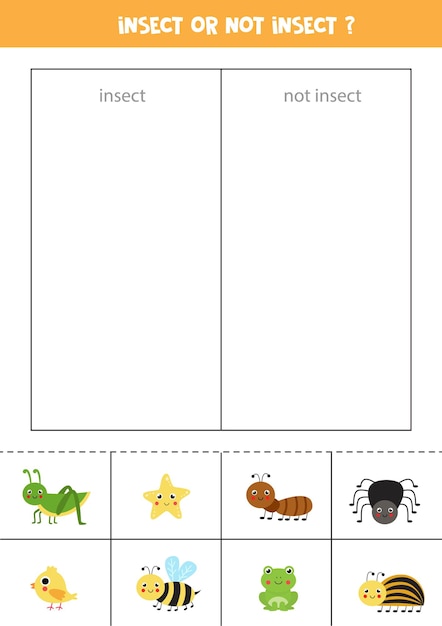 Clasifique las tarjetas en categorías. insectos o no insectos. juego de lógica para niños.