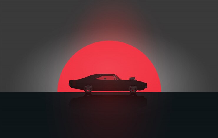 Classic Vintage American Side View Muscle Car en Sunset silueta. . Plantilla de póster