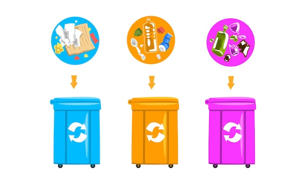 Classificación de residuos y reciclaje de basura con contenedores de desechos con diferentes conjuntos de vectores de basura