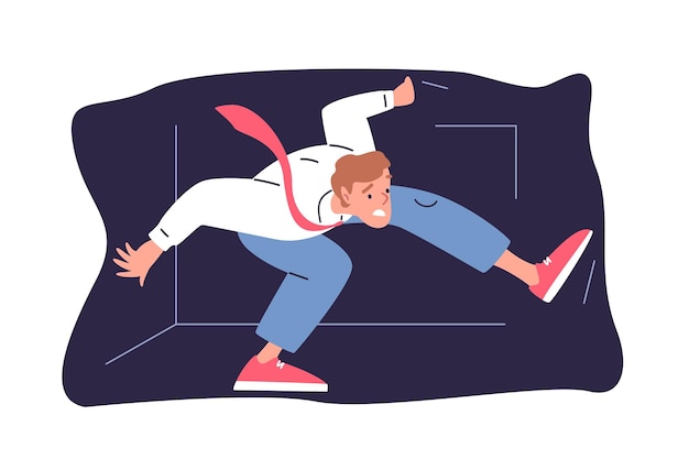 Claustrofobia Espacio cerrado estrecho ataque claustrofóbico ansiedad hombre atrapado en una caja presa dentro de una pequeña habitación cerrada pánico humano miedo persona fobia concepto ilustración vectorial