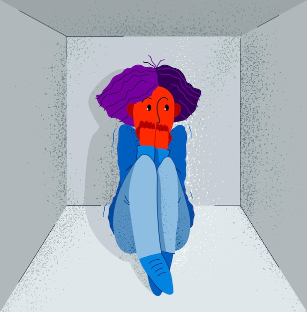 Vector claustrofobia miedo al espacio cerrado y sin ilustración vectorial de escape, la niña está cerrada en un espacio pequeño y asustada en un ataque de pánico.